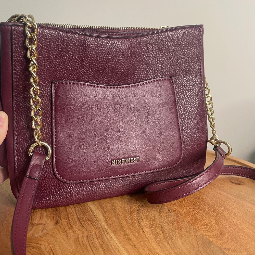 Nine West Maroon Crossbody Purse Bag Gold Chain